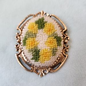 Vintage Needle Point Frame Brooch Yellow Floral Gold Antique Pin Embroidered